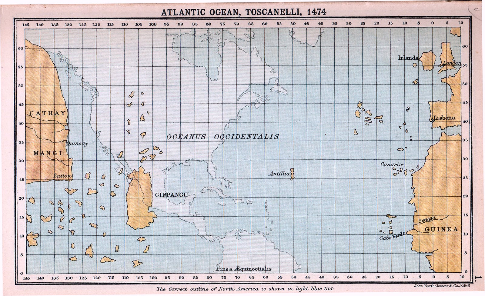 The map of the Atlantic Ocean according to Paolo dal Pozzo Toscanelli in 1474, overlaid on top of a current map.