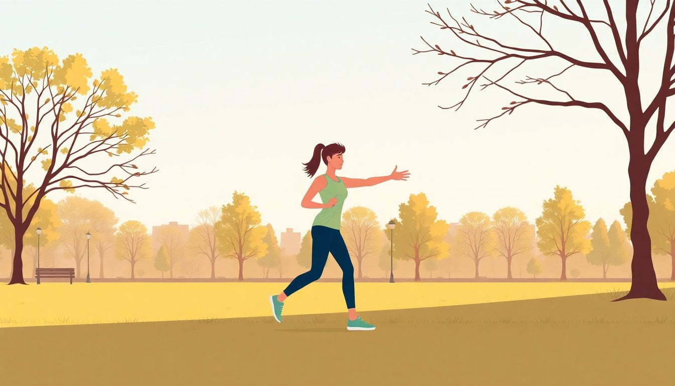 person doing gentle low-impact exercise outdoors in a park, morning light, no equipment, simple athletic clothes, no gym background