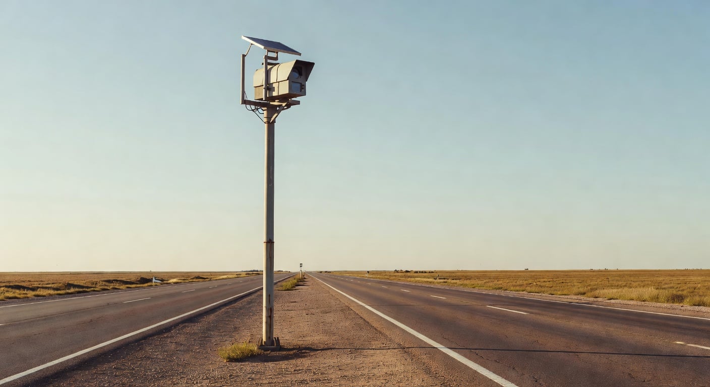 speed radar camera mounted on metal pole beside Argentine national highway, asphalt road stretching into distance, clear sky, no people