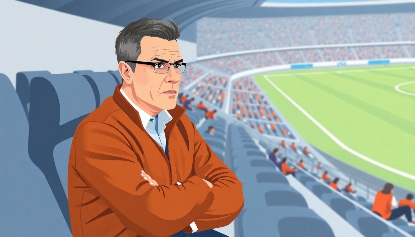 Argentine football manager sitting on the bench during a Liga Profesional match, dugout area, stadium seats in background, tense expression