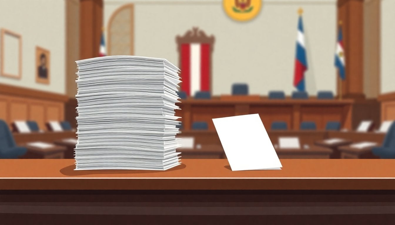 stack of Argentine election ballots and a single white paper ballot on a wooden desk, legislative chamber documents blurred in background, daylight
