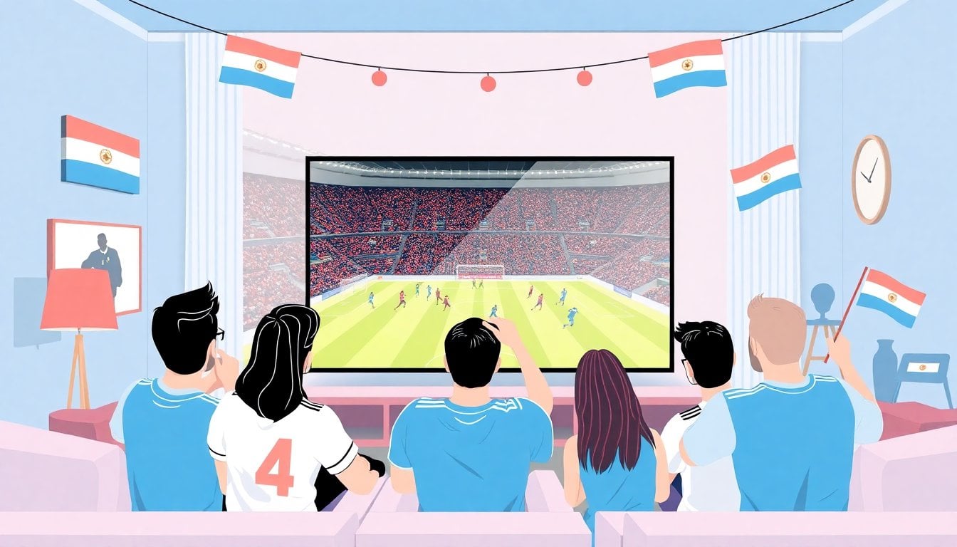 group of friends watching football match on large TV screen, living room decorated with Argentine flags and football jerseys, celebration atmosphere