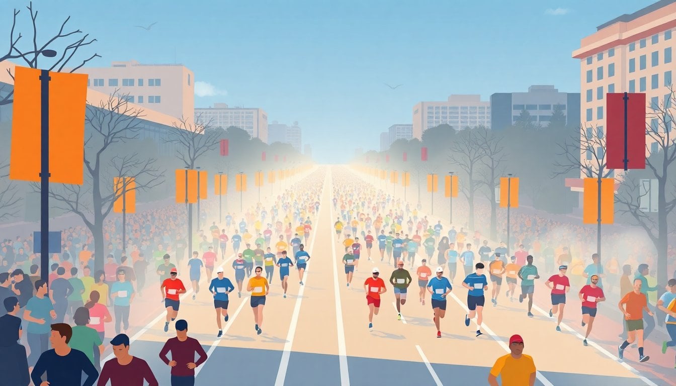 thousands of runners on wide Buenos Aires avenue during early morning marathon race, Palermo park surroundings, cold misty air, crowd in athletic gear