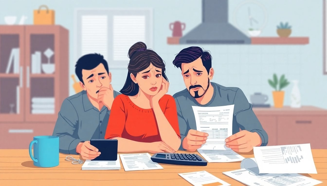 Argentine family looking at monthly expenses and bills on kitchen table, worried expressions blurred in background, close-up of receipts and calculator