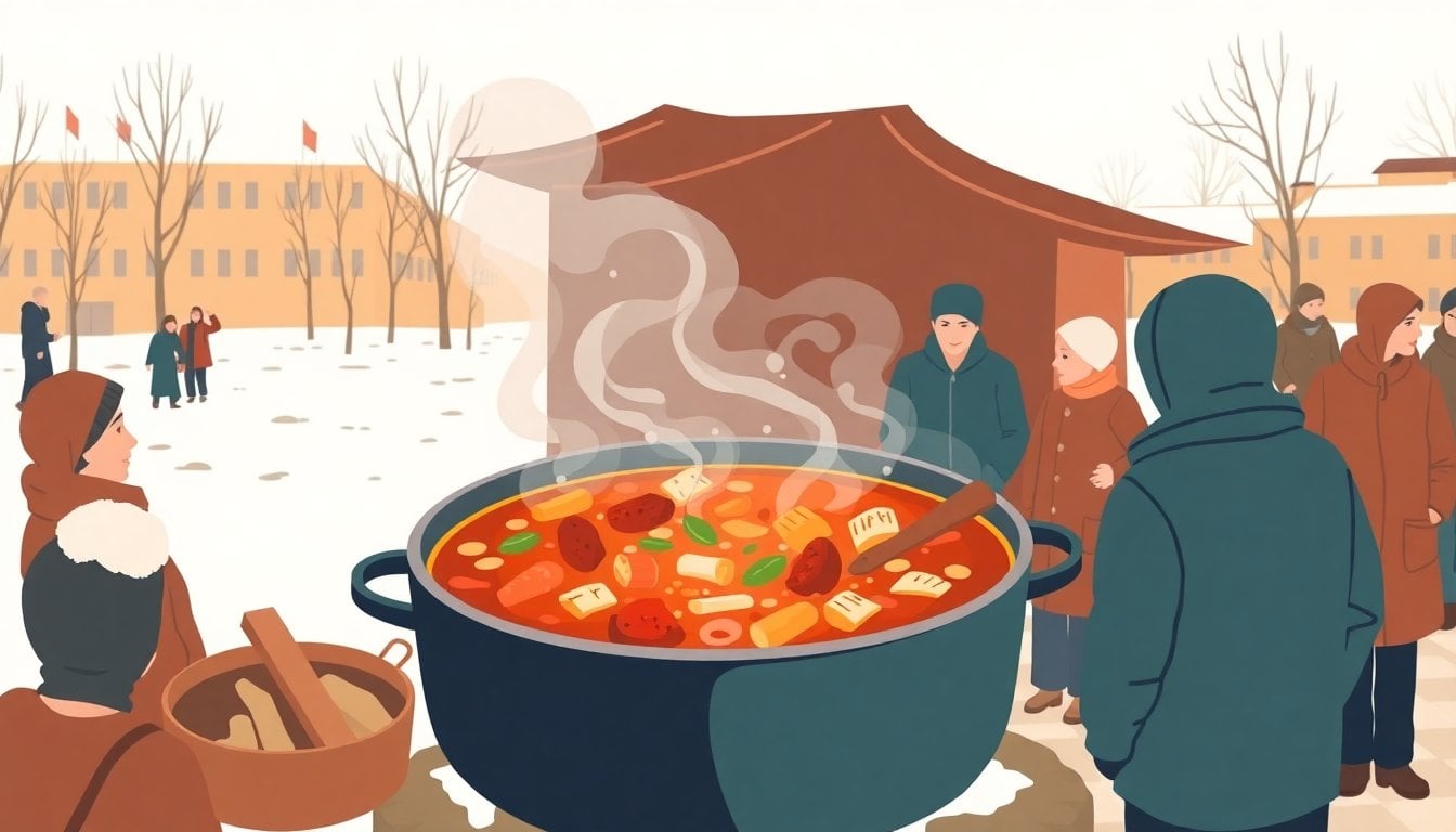 Traditional Argentine locro stew in large pot, steam rising, outdoor setting in winter, people gathered around in warm clothing