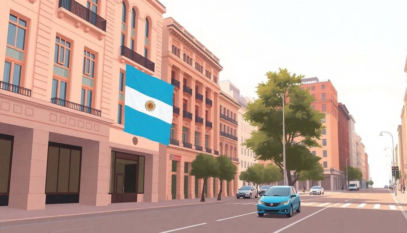 Buenos Aires city streets empty during national holiday, Argentine flag hanging from building facade, sunny morning