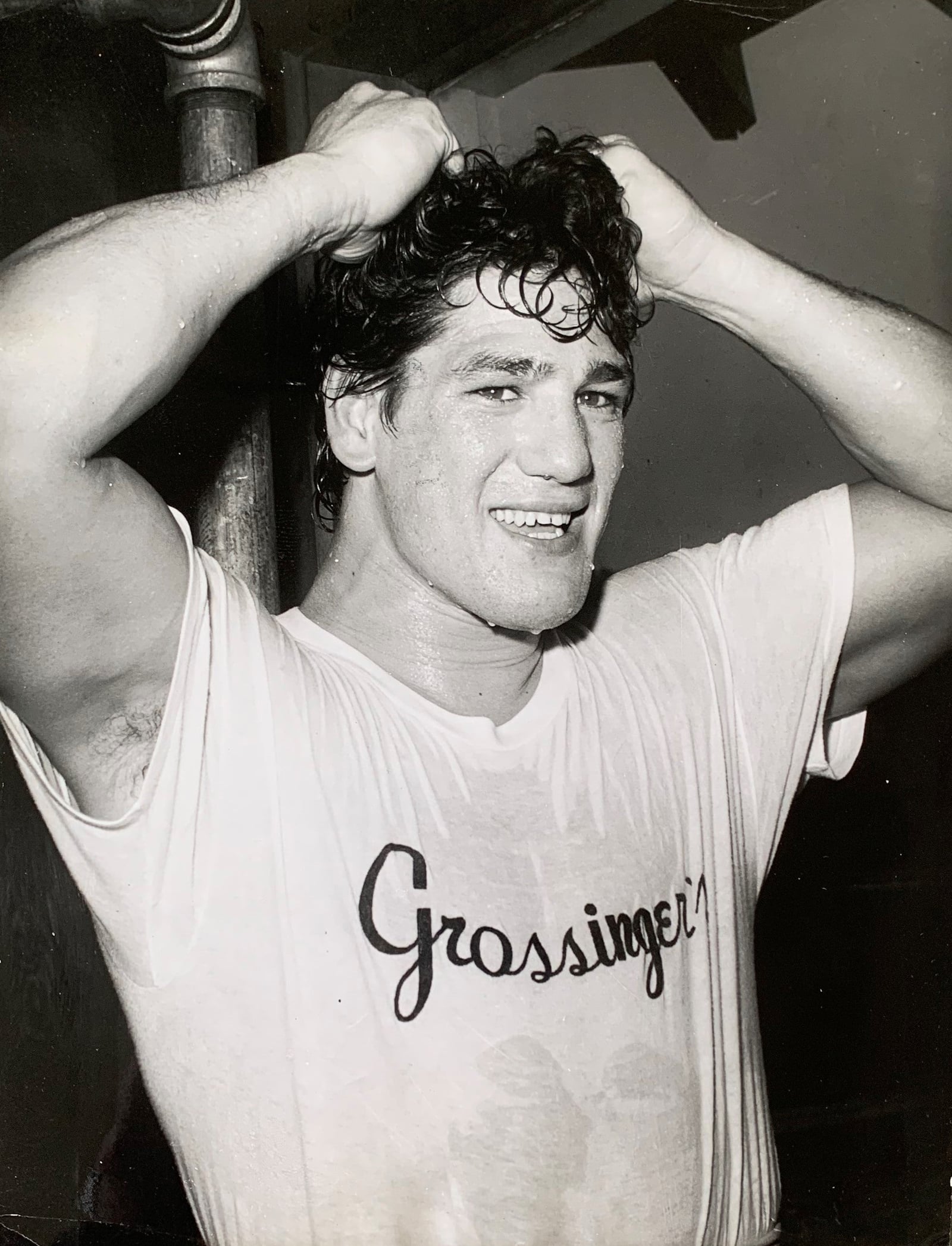GROSSINGER, N.Y.: ARGENTINA'S OSCAR BONAVENA IS ALL SMILES AND DRIPPING WET AFTER A RIGOROUS WORKOUT AT GROSSINGER'S HOTEL HERE. BONAVENA IS PREPARING FOR A 10-ROUND HEAVYWEIGHT BOUT AT MADISON SQUARE