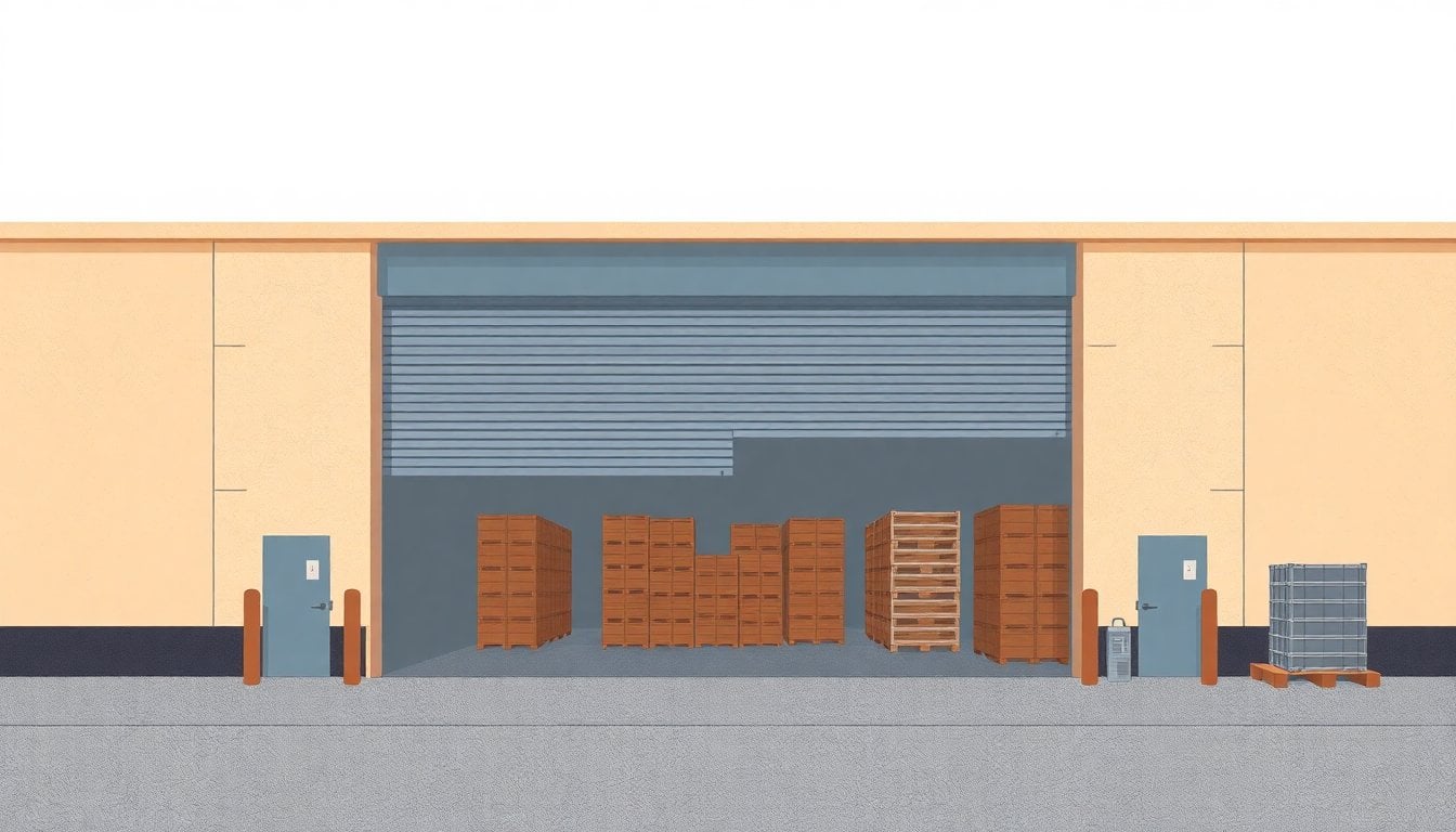 empty industrial distribution warehouse gate in San Pedro, Buenos Aires province, closed metal shutters and stacked freight pallets, overcast daylight, no people visible