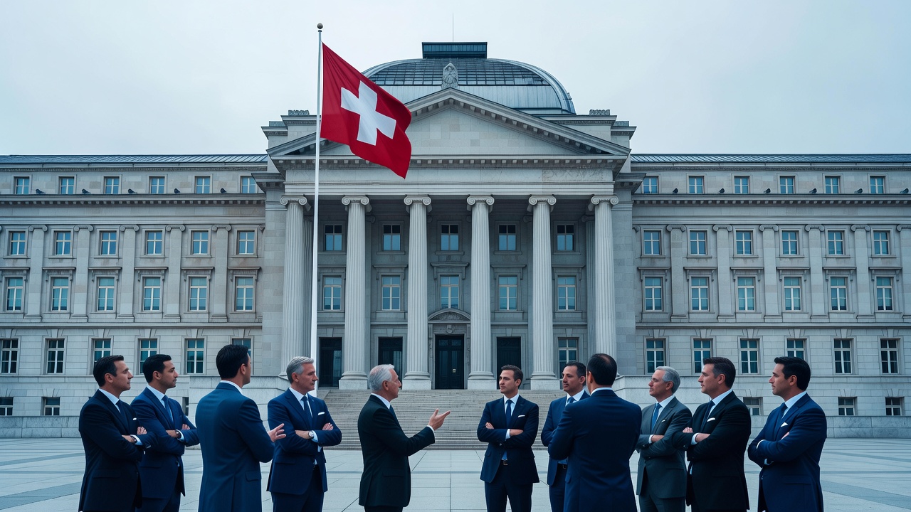diplomats at Geneva peace talks venue, United Nations Palais des Nations building exterior, Swiss flag, overcast sky