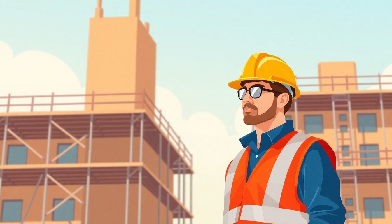 construction worker in Australia wearing hard hat and safety vest on a building site, scaffolding background, sunny day