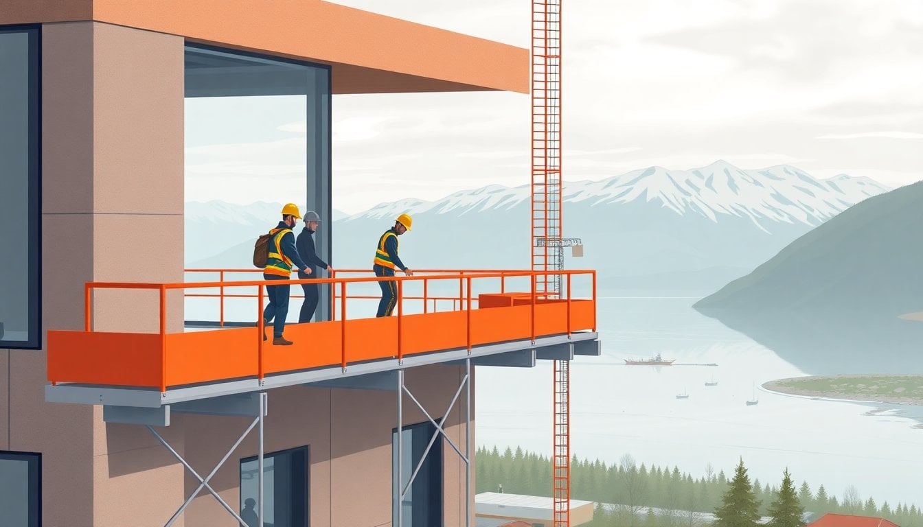 construction workers on scaffolding of a modern building in Norway, fjord landscape in background, overcast Nordic sky, no faces visible