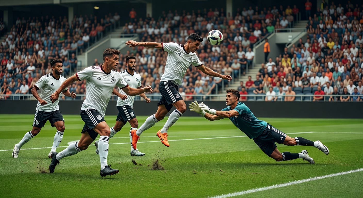 soccer players training on green field during pre-World Cup friendly match, stadium seats visible in background, daylight