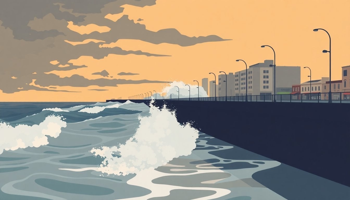 stormy waves crashing on Buenos Aires coastal boulevard Mar del Plata, dark sky, strong wind, no people, winter afternoon