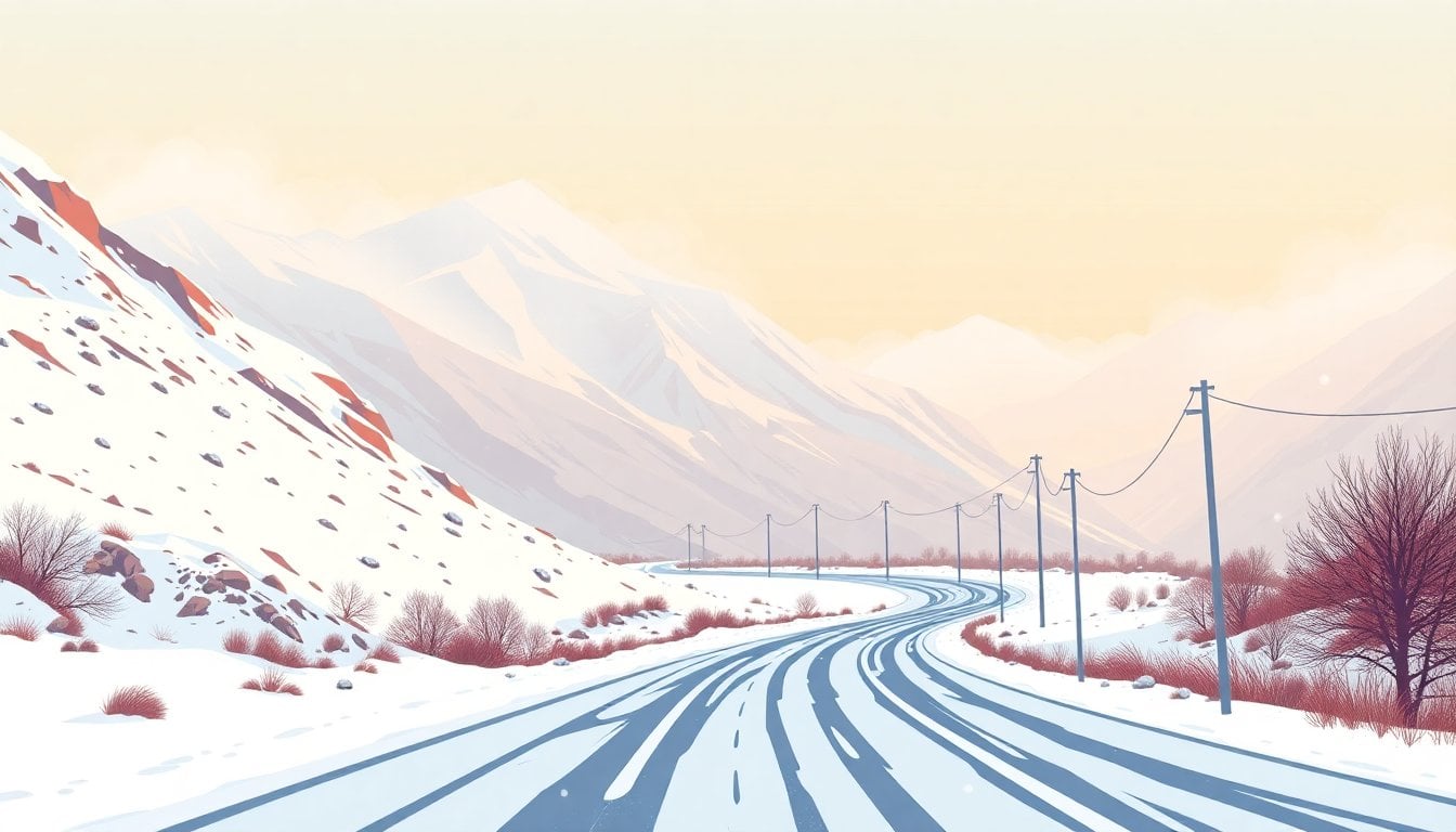 snow-covered mountain road in Argentine Andes with strong wind and low visibility, winter storm, no people