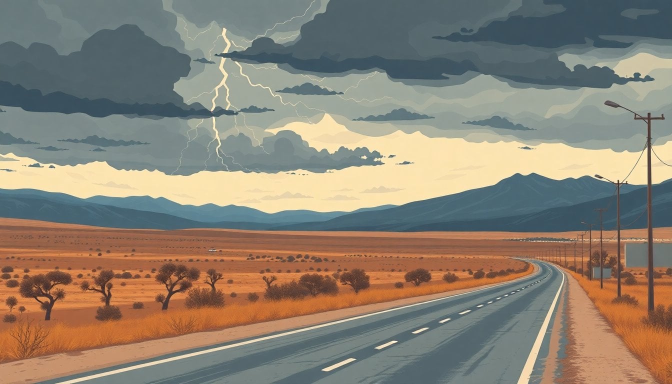 dark storm clouds over the Patagonian steppe near Neuquen, lightning on the horizon, wet empty road, overcast sky