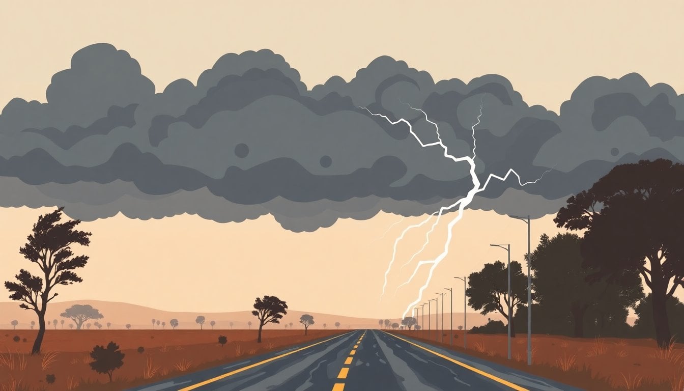 dark storm clouds over the Argentine pampas with strong wind bending trees, wet road, lightning in the distance, no people visible