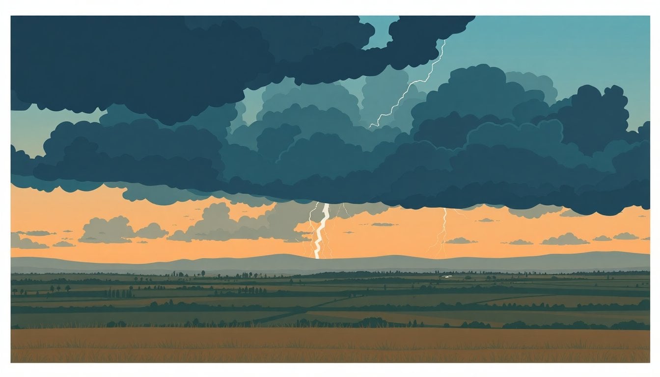 dark storm clouds forming over Argentine countryside at dusk, lightning visible in distance, flat rural landscape below