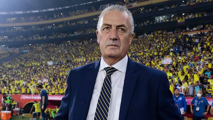 Gustavo Alfaro coaching on football pitch sideline, World Cup 2026 match, tactile coaching gesture, stadium in background