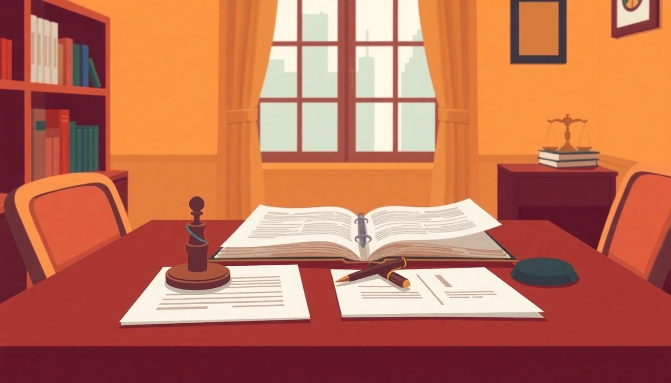 notary public office with legal documents on wooden desk, fountain pen, open folder with official papers, warm indoor lighting, no people visible