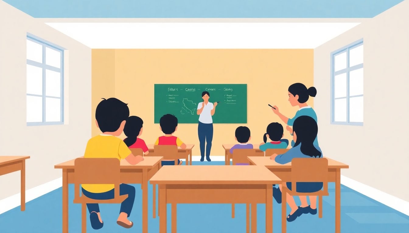Latin American school classroom with children sitting at wooden desks, colorful walls, natural light from windows, teacher writing on chalkboard, low angle shot
