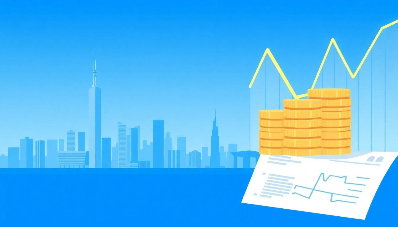 a split-screen style editorial scene showing a modern Latin American skyline, stacks of coins, and a financial graph, no people visible, daylight