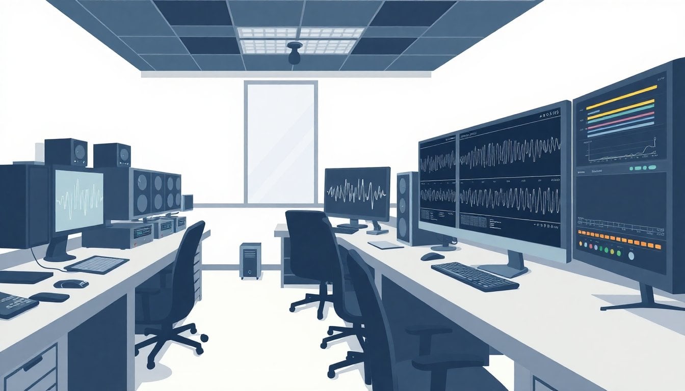 Argentine Gendarmería forensic audio analysis lab with sound equipment and monitors, no people visible, close-up on waveform display