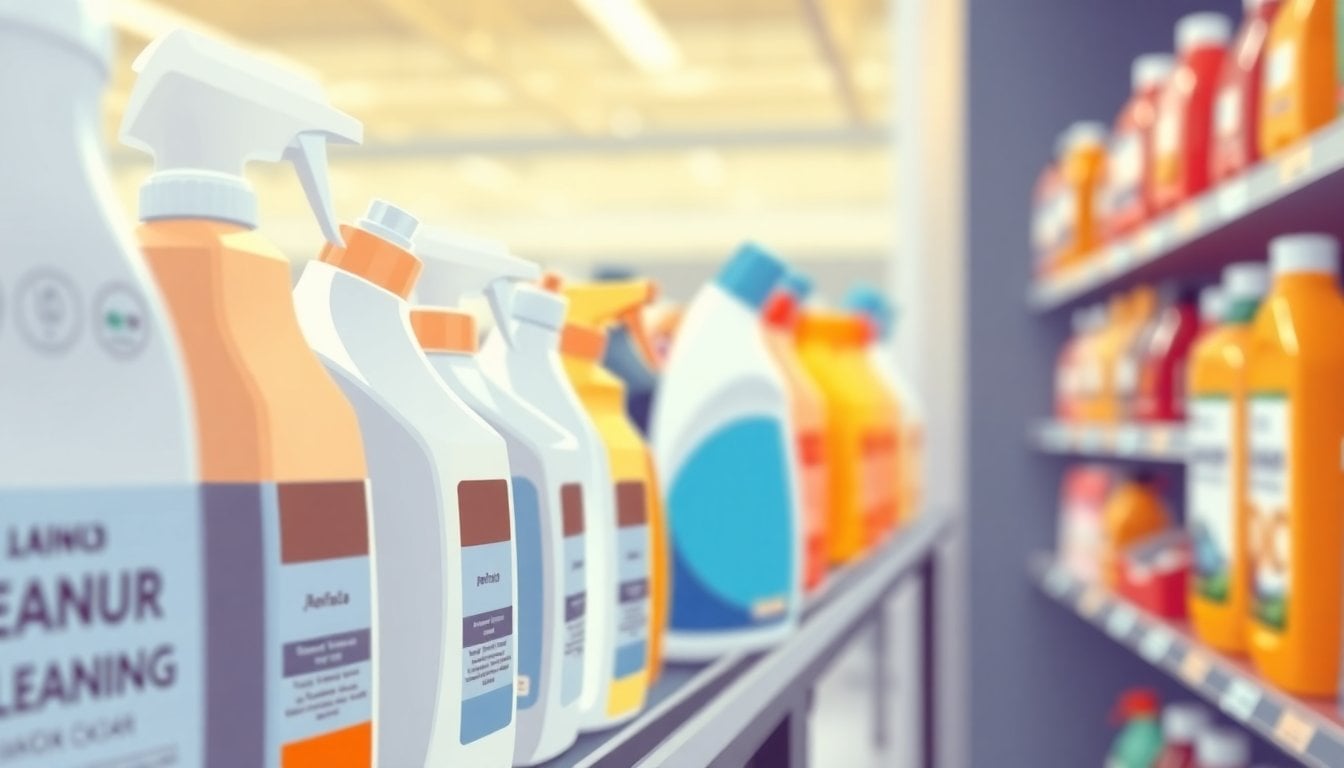 household cleaning products bottles on a supermarket shelf, close-up, blurred background, white and blue labels, Argentine store