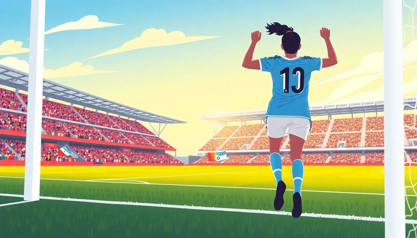 Argentina women's under-20 national football team celebrating goal on grass pitch, Poland stadium, colorful stands with crowd in background