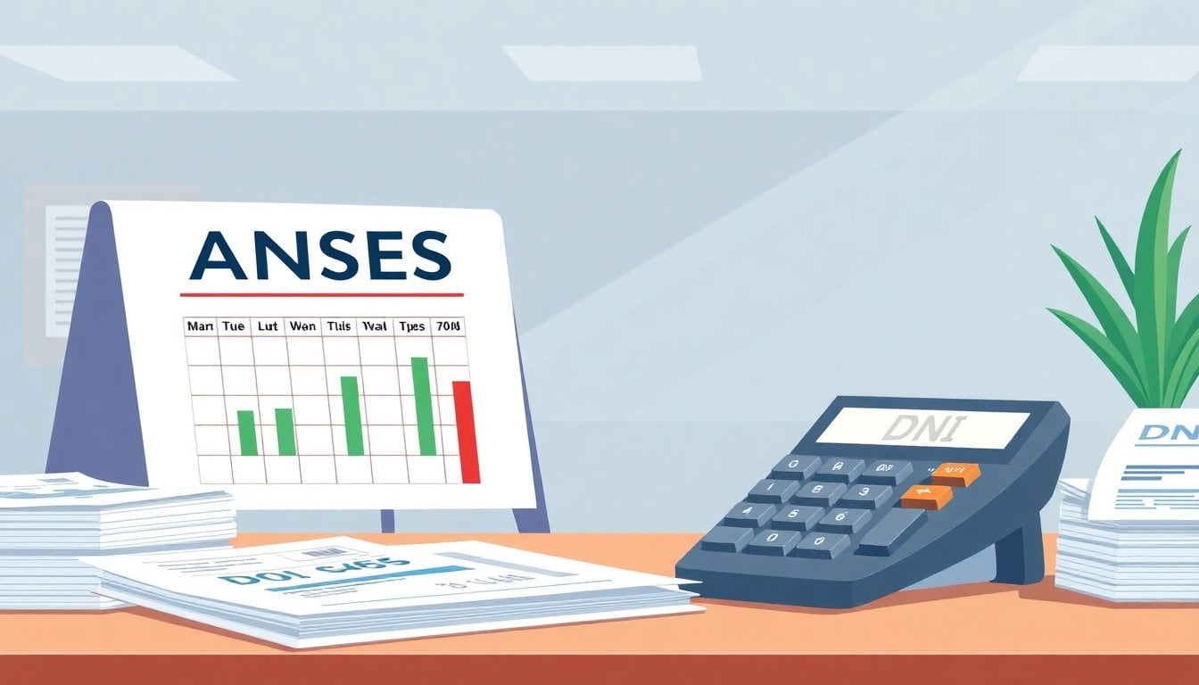 ANSES office sign with payment calendar on a desk, Argentine social benefit forms, close-up of a DNI document and calculator, daylight
