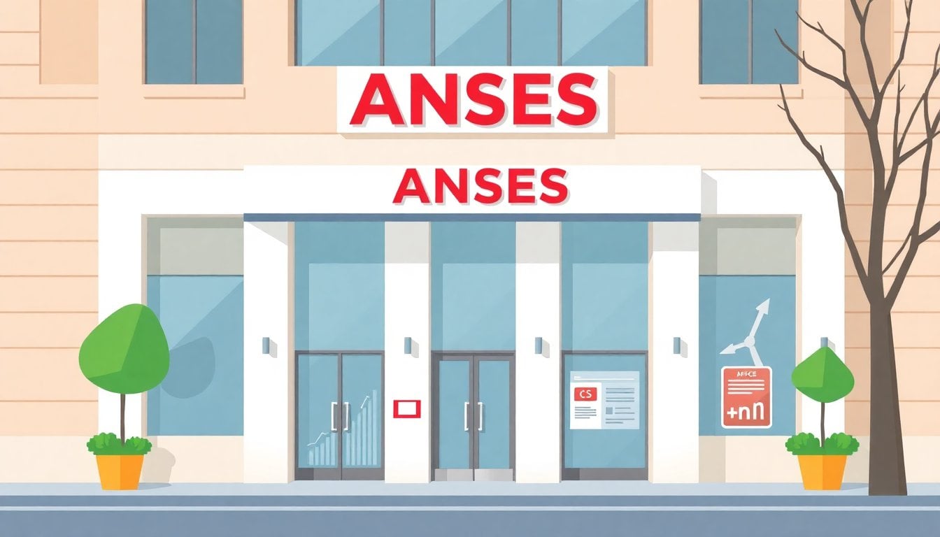 ANSES office exterior building facade Buenos Aires, government signage visible, daytime