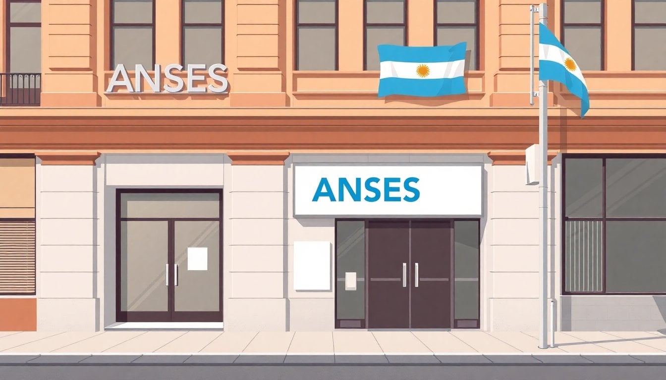 ANSES office sign on a government building facade, Argentine flag details, daylight, empty sidewalk, documentary style