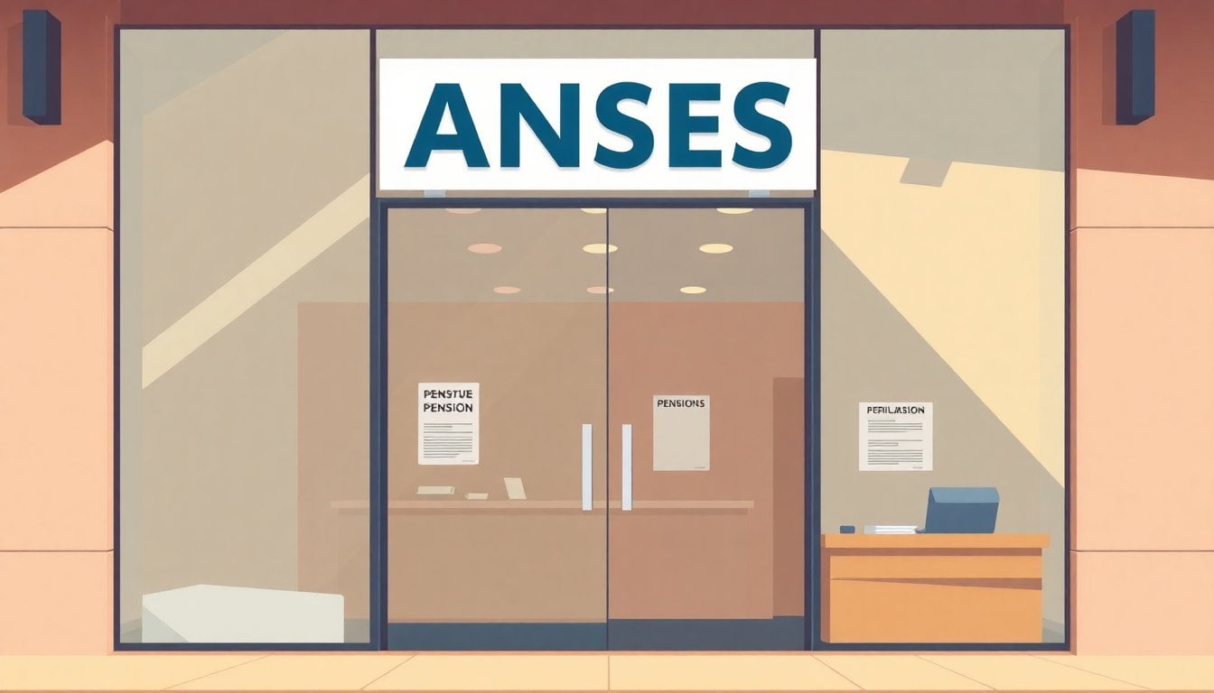 ANSES office facade in Buenos Aires, glass entrance with official signage, pension paperwork on a desk, daylight, no people visible