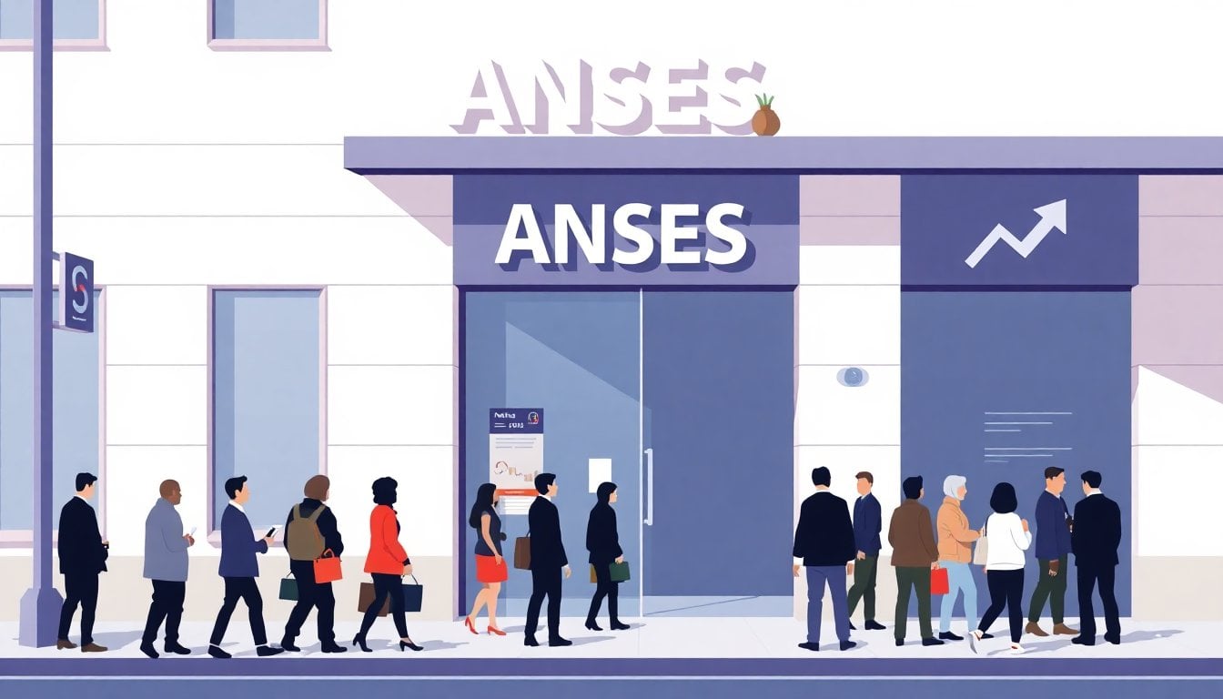 ANSES office facade in Buenos Aires, queue of people outside, official signage visible, daytime, documentary news photo