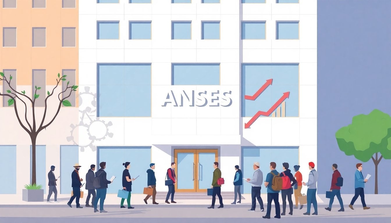 ANSES office building Buenos Aires exterior facade, daytime, Argentine workers waiting in line