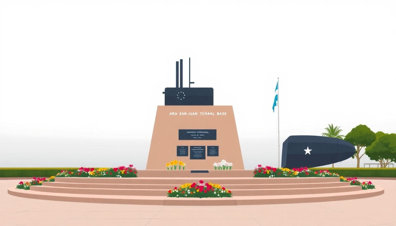 Argentine Navy ARA San Juan submarine memorial monument at Mar del Plata naval base, flowers and plaques, overcast sky
