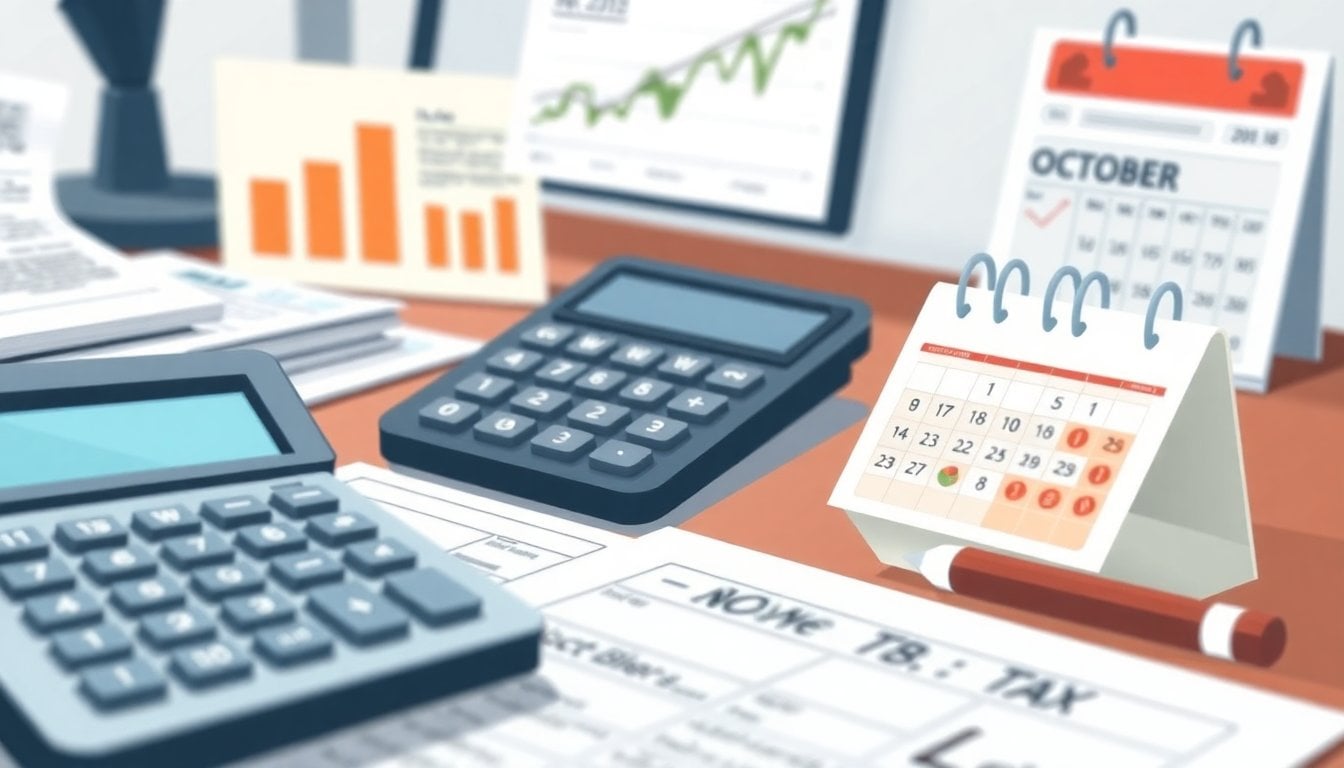 calculator, tax bills, and a provincial revenue office desk with printed forms and a calendar showing late October, close-up, no people visible