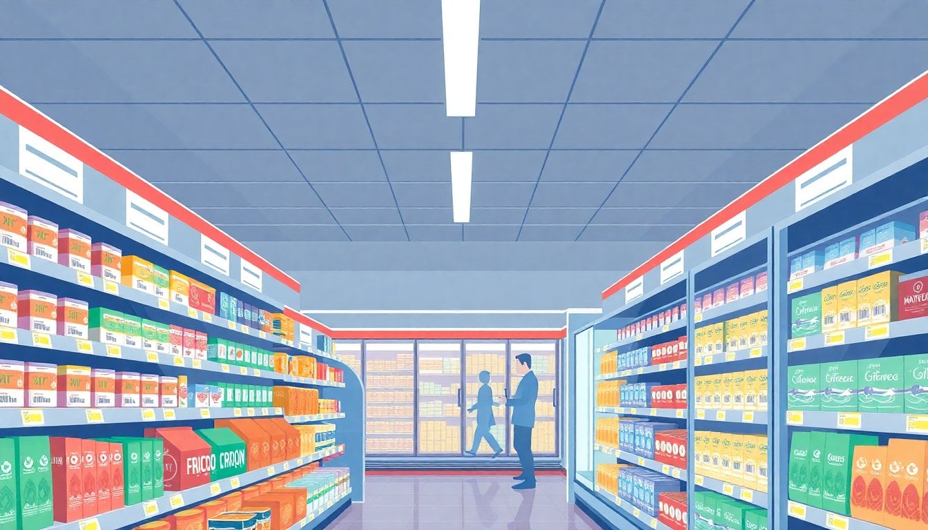 Argentine supermarket aisle with price tags on shelves, stacked products, refrigerated section in background, no people visible, fluorescent lighting