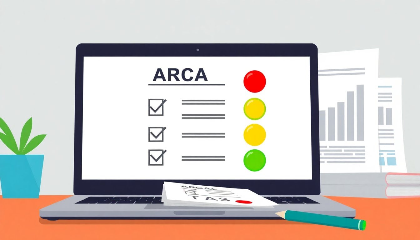 close-up of an ARCA office document checklist and laptop screen showing red yellow green traffic light indicators, desk with tax forms, Buenos Aires