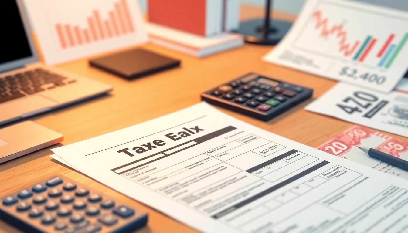 close-up of an Argentine tax agency form on a desk with calculator, laptop, and stamped paperwork, office lighting, no people visible