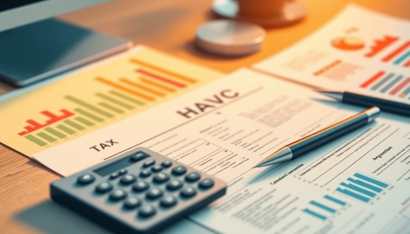 Argentine tax forms and financial documents on a desk with calculator and pen, close-up, warm office light, no people
