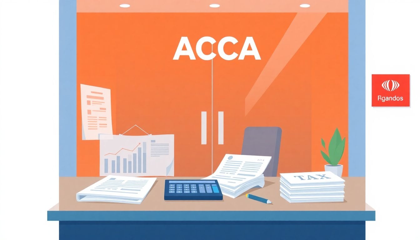 ARCA agency office facade in Buenos Aires with payroll forms, calculator, and tax paperwork on a desk, daylight, no people visible