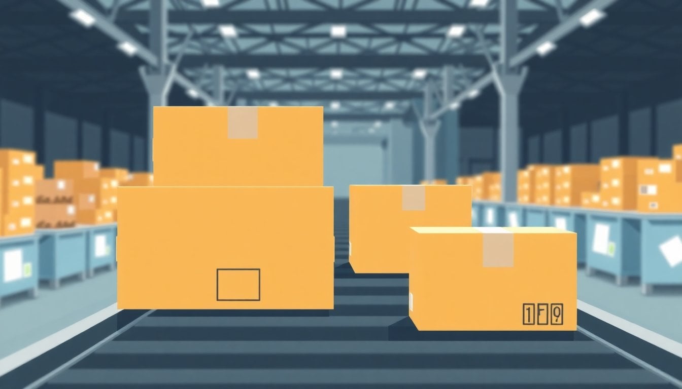 shipping cardboard boxes on a conveyor belt at a courier logistics warehouse, close-up, no people, neutral lighting