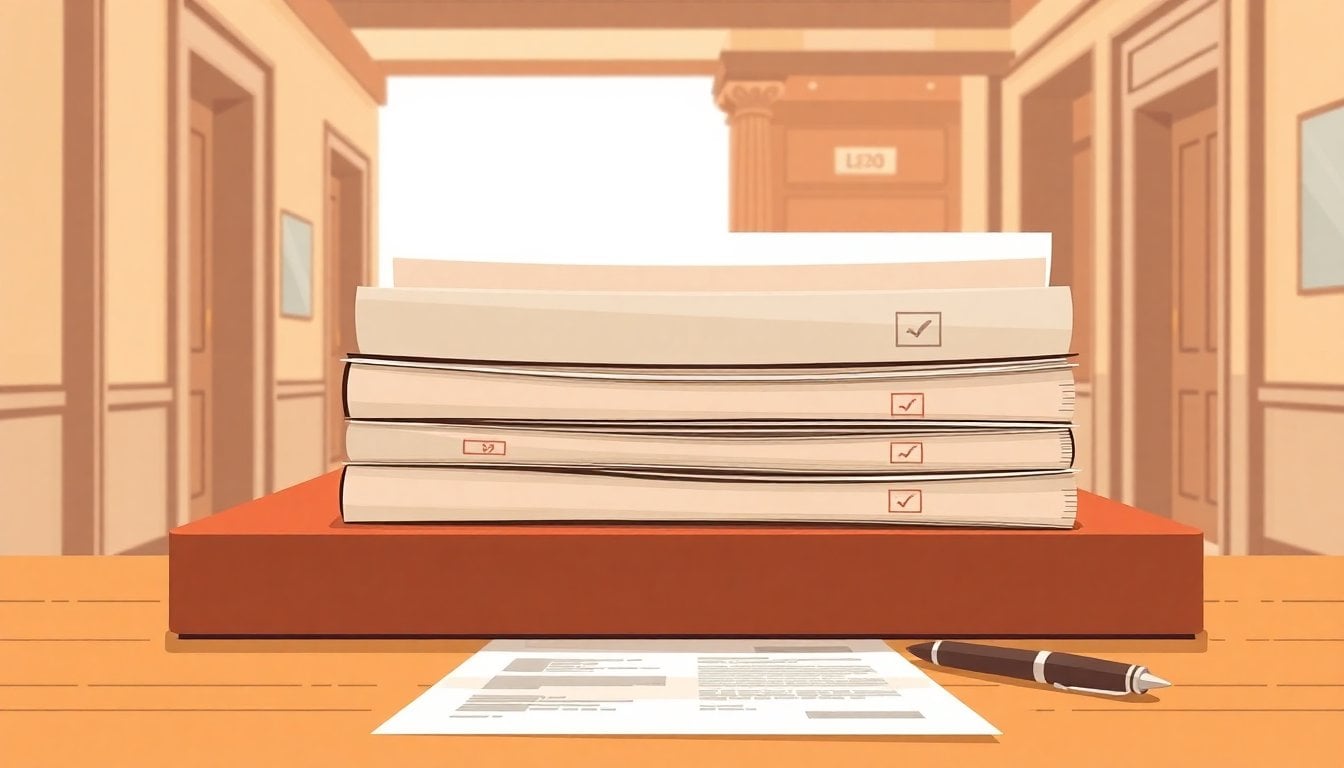 stack of closed legal folders on a wooden desk, stamped documents, pen, and courthouse hallway in the background, no people visible