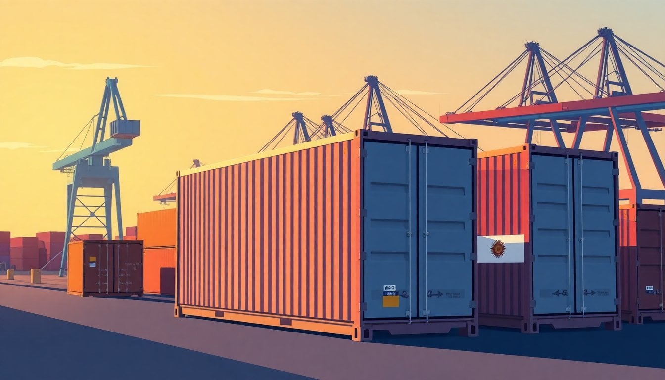 refrigerated shipping containers with Argentine flag at a port, golden hour light, no visible people, cranes in background
