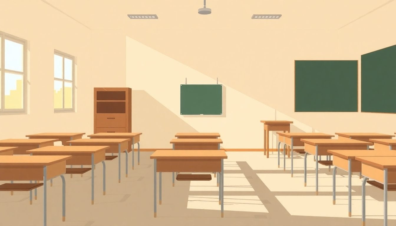 empty Argentine school classroom with wooden desks and chalkboard, natural light through windows, no students