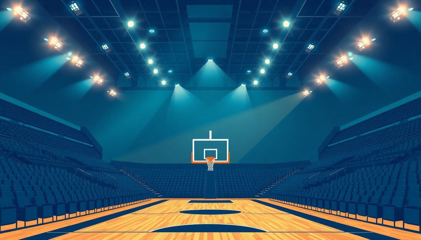 basketball court interior with empty stands and hardwood floor, arena lighting, no players visible