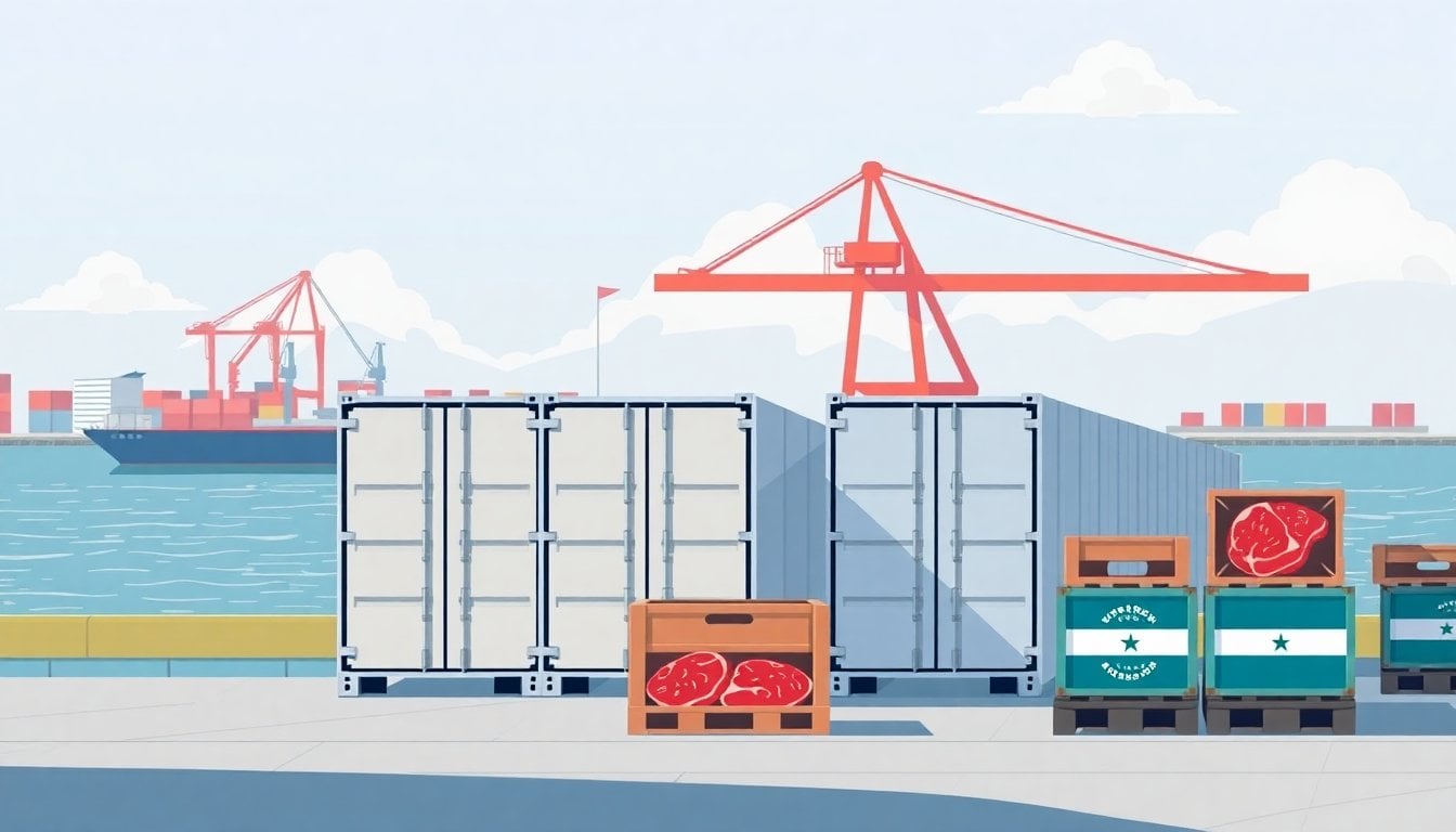 refrigerated shipping containers at Buenos Aires port with Argentine beef export crates, crane and river in background, daylight