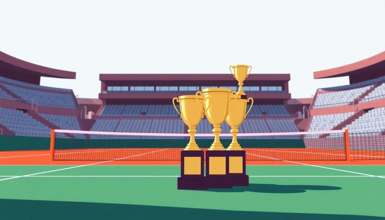 stack of multiple Challenger tennis trophies on a clay court beside a net, empty stadium seats in background, daylight, realistic sports photo