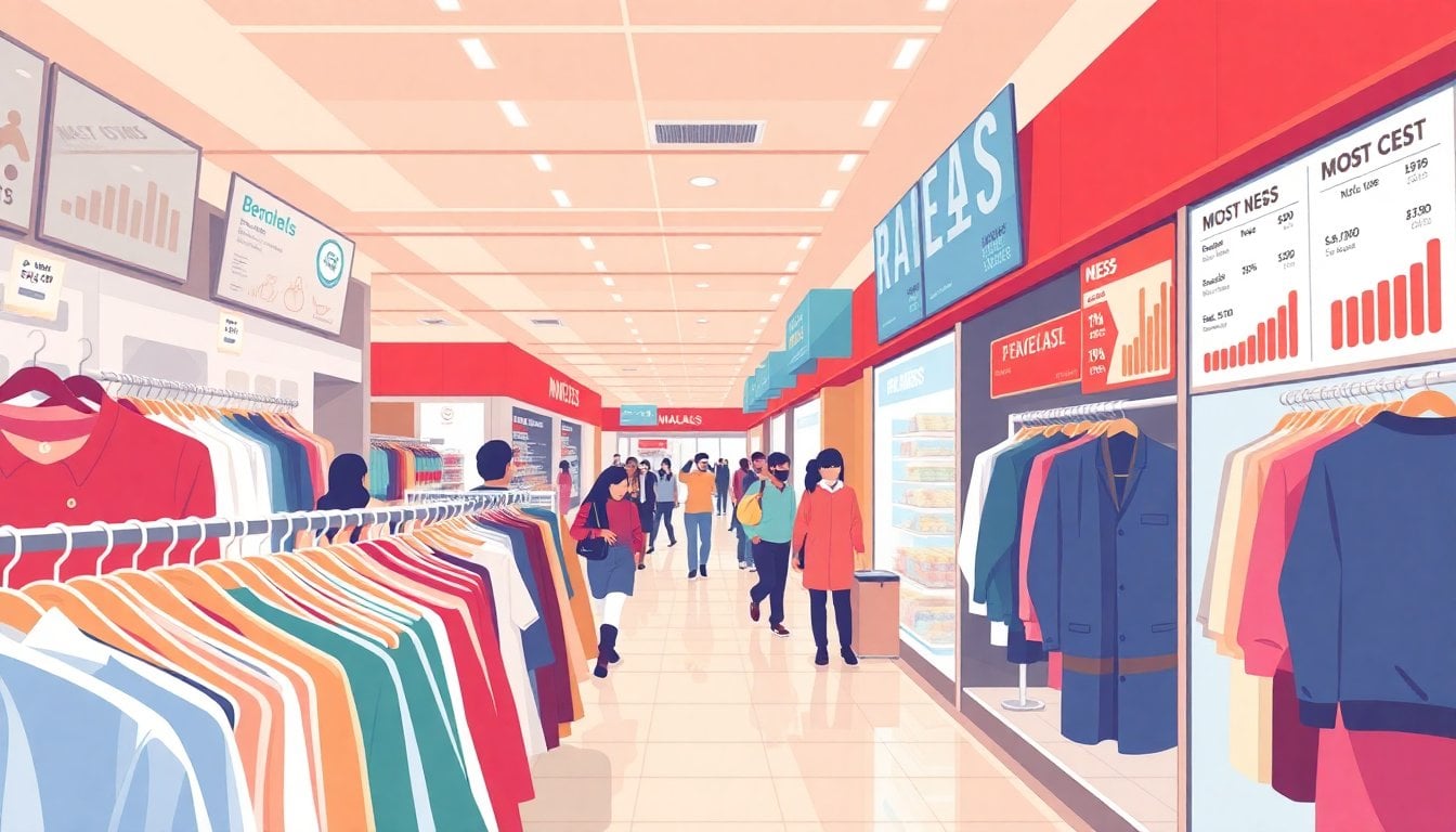 clothing racks and restaurant menu boards in a busy Buenos Aires shopping mall, price tags visible, bright indoor lighting, no close-up people