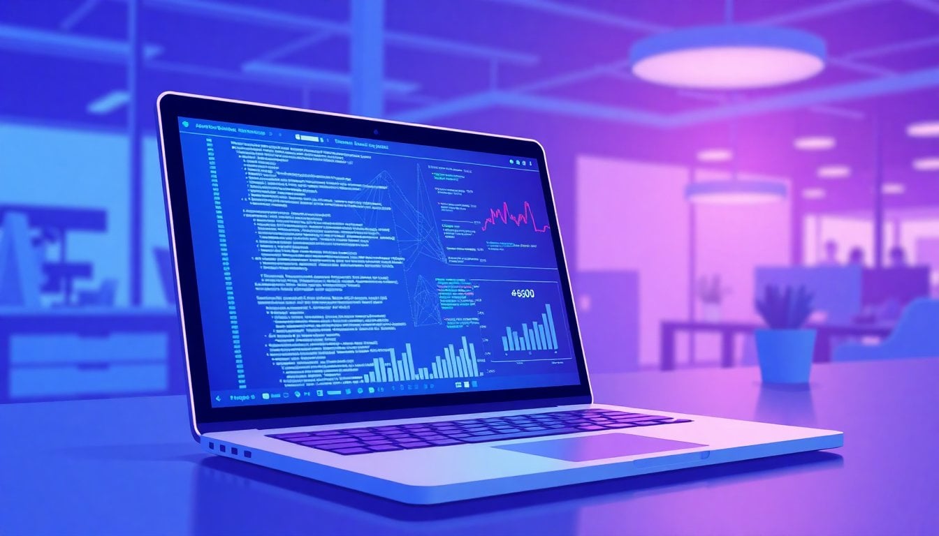 laptop screen showing artificial intelligence neural network visualization, code and data charts, modern office environment, no people visible, close-up